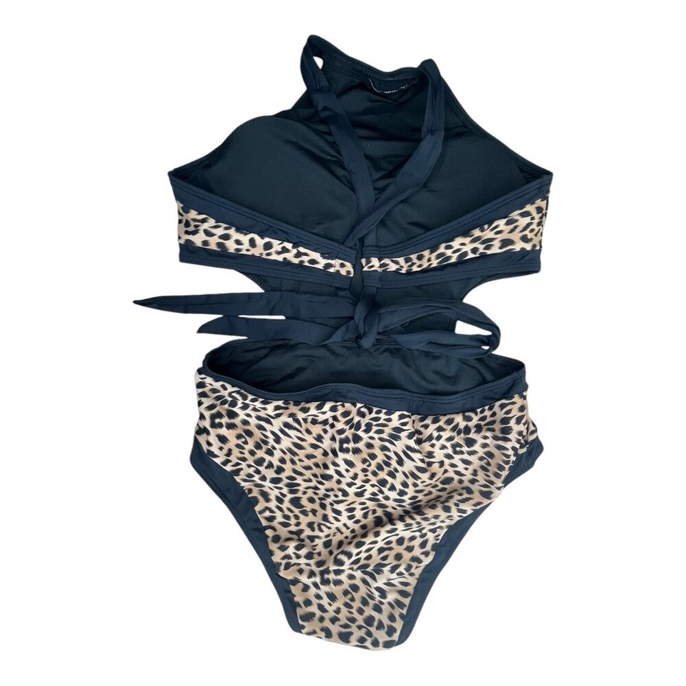 Beach Joy one piece halter high neck open back lace up leopard bodysuit Medium - Picture 3 of 6